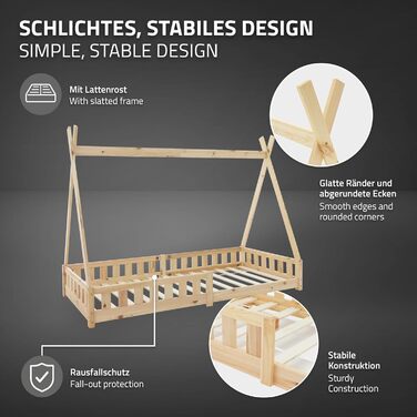 Дитяче ліжко-халапа Tipi ML-Design біле з бортиками та ламелями, з сосни, індіанське ліжко для дівчаток та хлопчиків, будиночок-ліжко з огорожею, ліжко-халапа для дітей та підлітків, ігрове ліжко-намет (90x200 см з матрацом (H: 10 см), натуральне дерево)