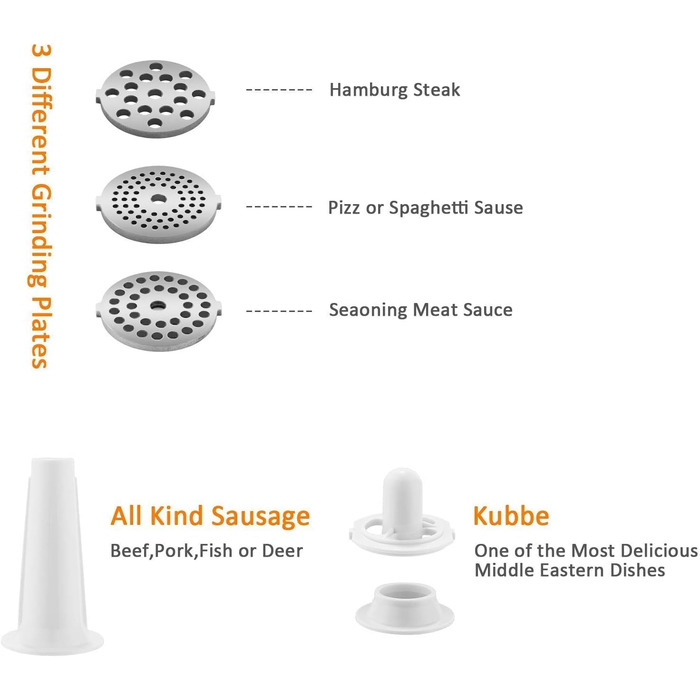 Електрична м'ясоподрібнювач 2000W, 4-в-1, з набором для кеббе та шприц-печива, насадка для ковбас, срібна