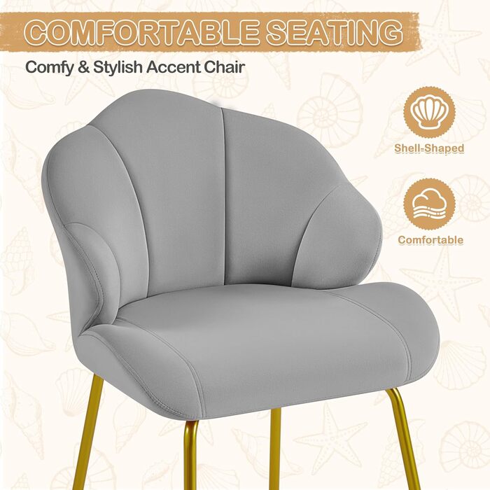 Крісло Yaheetech у формі мушлі, сучасне крісло-вушко, м'яке крісло з металевими ніжками, поліестер, для вітальні/туалетного столика/спальні, комплект, білий/світло-сірий