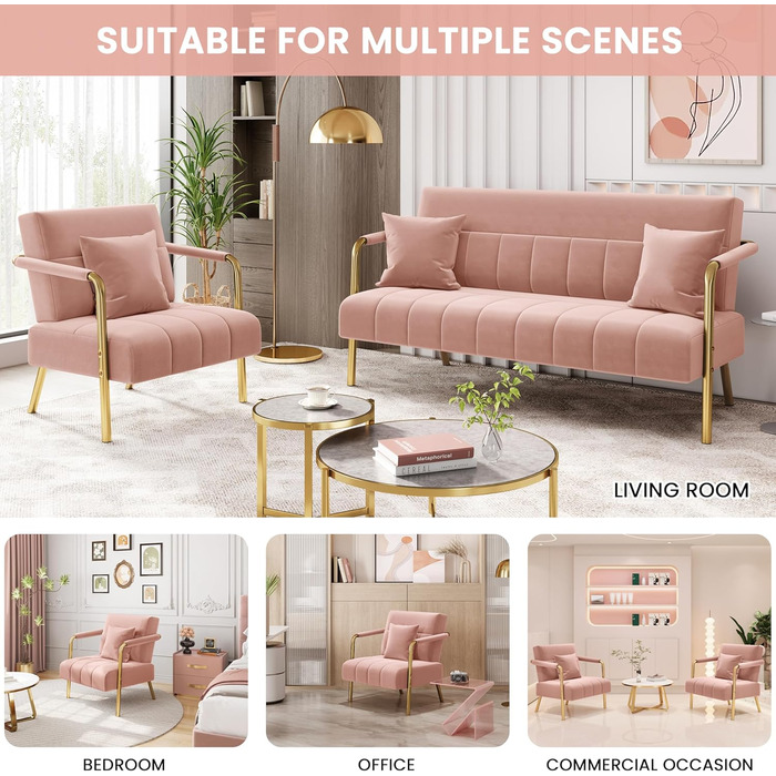 Yaheetech м'яке диван з підлокітниками та металевими ніжками, сучасний двомісний диван з 2 подушками для попереку, Loveseat для вітальні/спальні (75,5 см ширини, Рожевий)