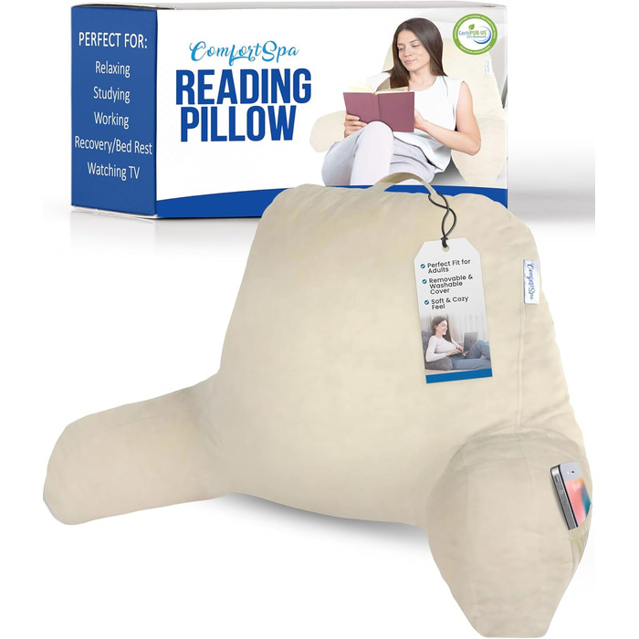 Комфортний пуф-подушка ComfortSpa для ліжка, дорослого розміру, з підлокітниками та кишенями, знімний чохол; ідеально для відпочинку в ліжку або для полегшення болю в спині