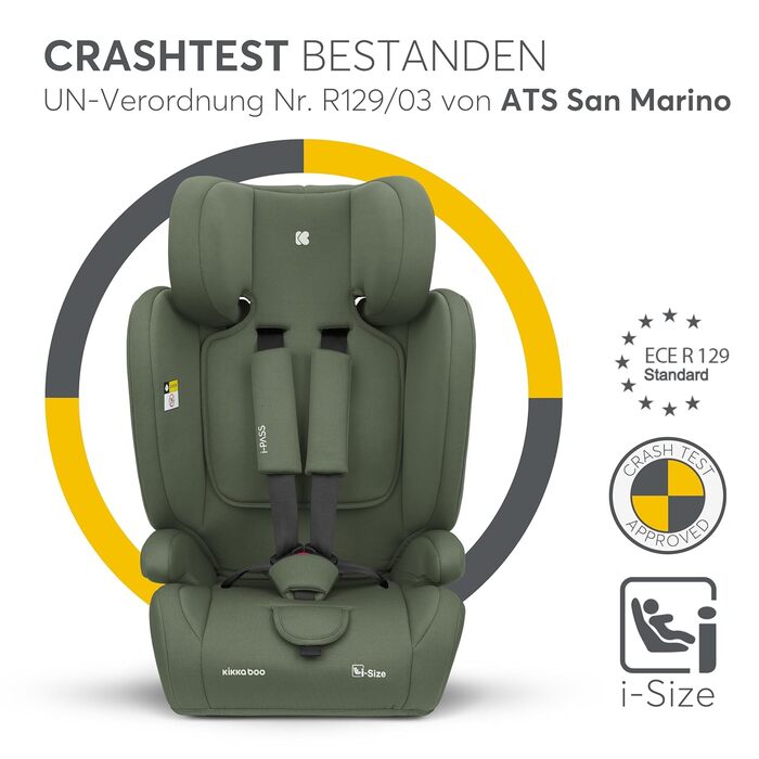 Автокрісло KikkaBoo 9-36 кг i-PASS, група 1/2/3, 1 рік - 12 років, i-Size, 13 положень, армійний зелений