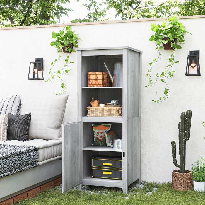 Outsunny Garden Шафа з дерева, Садовий сарай стійкий до погодних умов 60x60x160см, Садовий сарай з дверима, регульовані по висоті полиці, Садова шафа, що закривається, Садовий сарай для саду, Тераса, Задній двір, Світло-сірий | Аосом