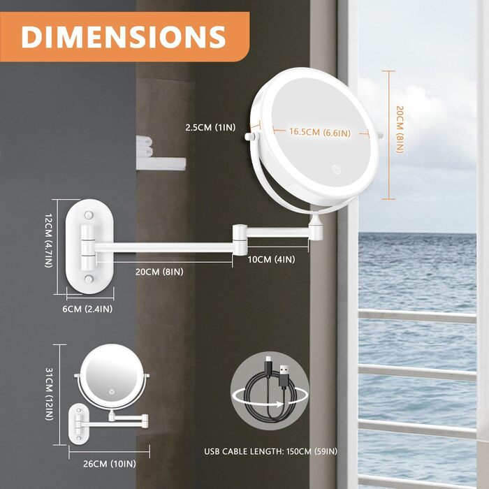 Дзеркало для макіяжу Auxmir з підсвічуванням, 1x, перезаряджуване, з підсвічуванням для гоління, настінне, з регулюванням яскравості, збільшувальне (30x), 3 кольори світла, поворотне на 360°, для ванної кімнати (білий)