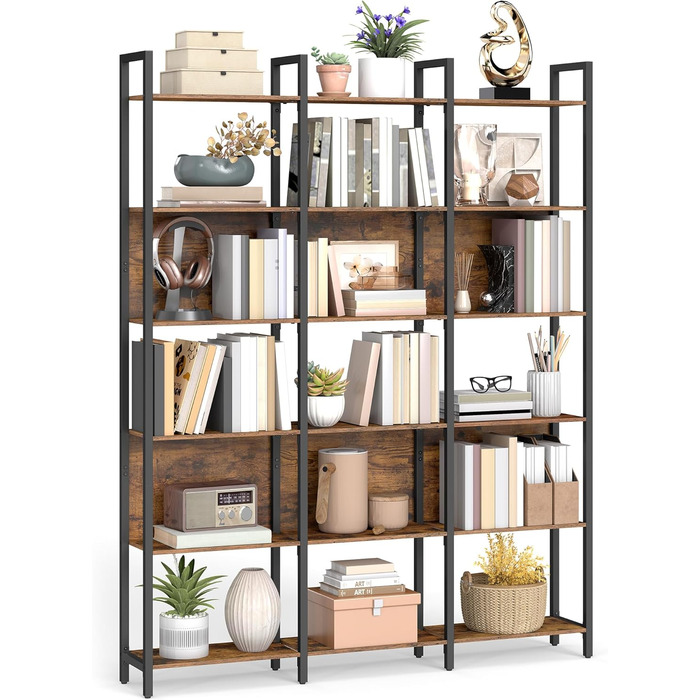 Стелаж VASAGLE з 5 відкритими полицями: для кухні, вітальні, офісу, промисловий дизайн, 24 x 128 x 154,1 см, vintagebraun-tintenschwarz