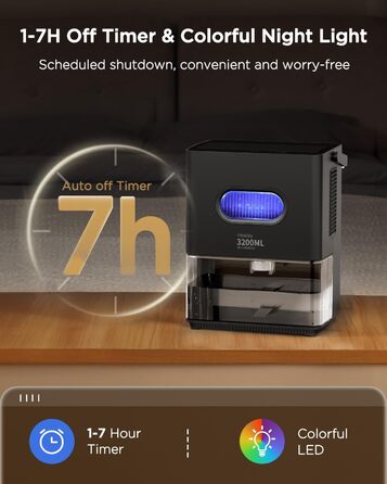 Осушувач повітря 1200 мл, електричний осушувач повітря Heelay з енергозбереженням, портативний, ультратихий, автоматичне вимкнення, 7 кольорових ламп, осушувач повітря для кімнати Осушувач повітря для спальні, ванної кімнати, дому (3200 мл чорний)