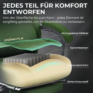 Ігрове крісло Dowinx з масажем попереку, регульованою підголівником, потовщеним сидінням, висувною підніжкою, регульованими підлокітниками, мікрофіброю велюром, нахилом 160°, (зелене)