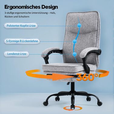 Ергономічне крісло для офісу: офісне крісло, крісло для начальника, комп'ютерне крісло з підніжкою та регульованою спинкою 90-135° для дому/офісу, сіре, тканина, 150 кг