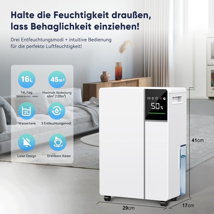 Електричний осушувач повітря Fwoueot 16L/24h для дому: осушувач з компресором, 16л/24г, для приміщень до 45м², автоматичне відтанення, 3 режими, таймер 24г, великий бак 2л, з колесами, для спальні