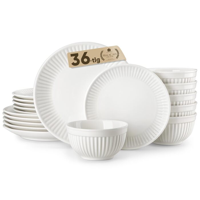 MALACASA Комплект посуду на 6 осіб, 18-ти частинний сервіз з порцеляни, рельєфний, скандинавський набір тарілок та мисок, білий, серія LEILA Білий