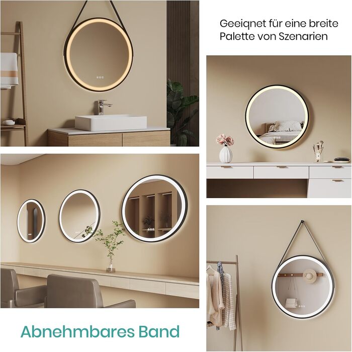 Дзеркало для ванної кімнати EMKE з підсвічуванням, діаметр 50 см, чорний каркас, регульована яскравість, 3 кольори світла, антизапар, сенсорне керування, функція пам'яті