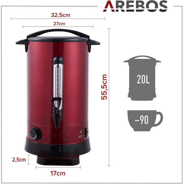 Електричний глінтвейнер Arebos 1650W - диспенсер гарячих напоїв, 20 л, з піддоном, краном, термостатом та захистом від перегріву. Регулювання температури 30-110 °C. Червоний колір.