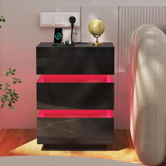 Нічний столик з розеткою та LED, нічний комод з функцією зарядки та USB, 2 шт. (45x35x46/62 см, чорний)