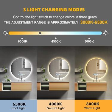 Дзеркало для ванної кімнати Sararoom з підсвічуванням, кругле LED дзеркало 600 мм, з підсвічуванням, 3 кольори світла, регулювання яскравості, запобігання запотіванню, кругле скло, функція пам'яті, 600 x 600 мм