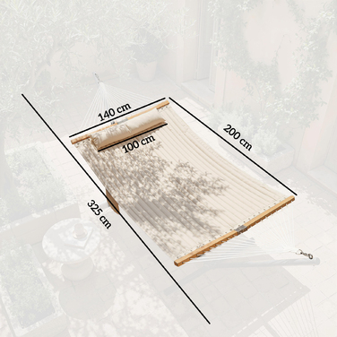 Гамак вуличний 200x140 см, двошаровий, з підголівком та кишенею для журналів, дерев'яні розпірки, витримує до 200 кг