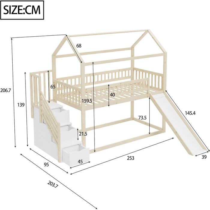 Двоярусне ліжко-горище з сходами, біле (90x200)