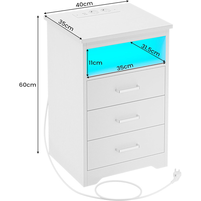 Приліжкова тумбочка зі світлодіодом, зарядна станція, USB, 3 ящики, для спальні/вітальні (білий)