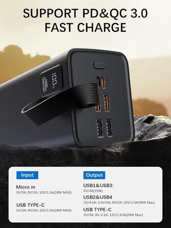 Виходів USB C, LED-дисплей, портативний для iPhone, на вулиці, 70000mAh, PD 30W & QC 4.0, 5