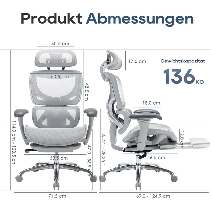 Органічний офісний крісло Colamy з підніжкою, 3D-підлокітниками, підголовником, підтримкою попереку та дихаючою сіткою – крісло для офісу та дому (Сірий)
