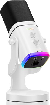 Мікрофон Facmogu для подкастів та стрімінгу, USB/XLR, з RGB-підсвічуванням та регулюванням гучності, білий