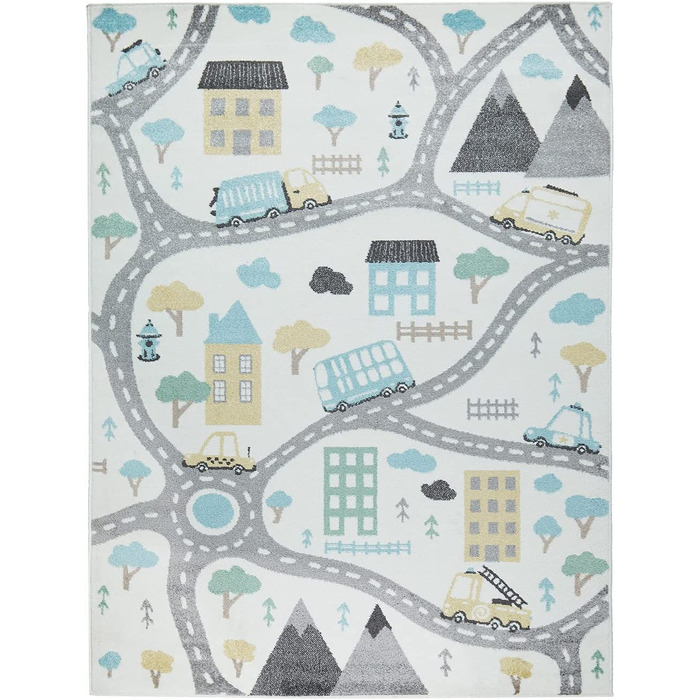 Домашній килим TT, дитячий килим для дитячої кімнати, килимок для ігор для хлопчиків і дівчаток, дорожні гірські машини, колір розмір (240x340 см, сіро-блакитний кремовий)