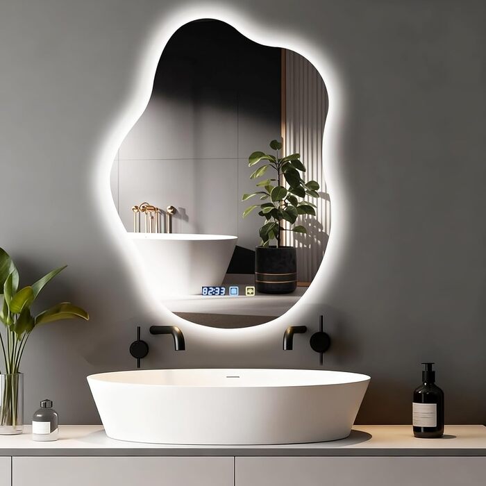 Дзеркало для ванної кімнати з підсвічуванням 50x70 см, з підігрівом, годинник, LED-підсвічування, сенсорна кнопка, функція пам'яті, 3 кольори світла, регулювання яскравості