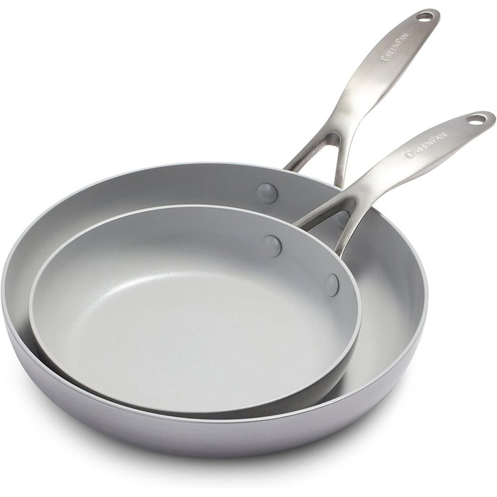 Набір сковорідок GreenPan Venice Tri-Ply 20см та 26см, нержавіюча сталь, антипригарне покриття без PFAS, для індукційних плит, сумісний з духовкою, можна мити в посудомийній машині, срібний колір