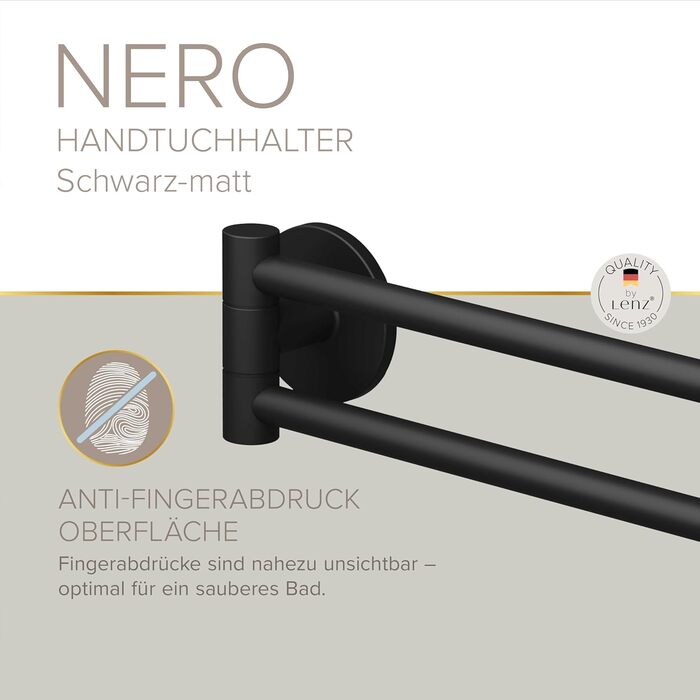 Тримач рушників Lenz Juna in – 2 поворотні руки, 40 см, антифлерове покриття, настінний монтаж (клейкий/з свердлінням), чорний