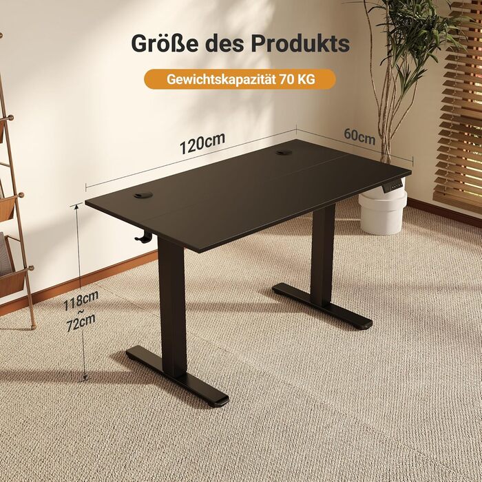 Електричний регульований стіл Claiks 120x60 см з пам'яттю, з гачками, чорний