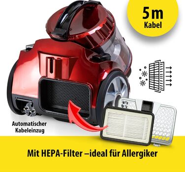 Пилсос Carrera з HEPA-фільтром, 800W, червоний – пилосос для підлоги з кабелем, компактний
