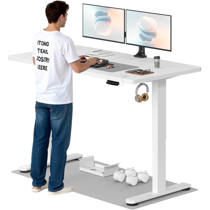 Регульований стіл, 160x80 см, електричний стоячий стіл з подвійним мотором, сенсорна панель, USB-A, кабель-менеджмент, стільниця 25 мм, ергономічний офісний стіл, білий