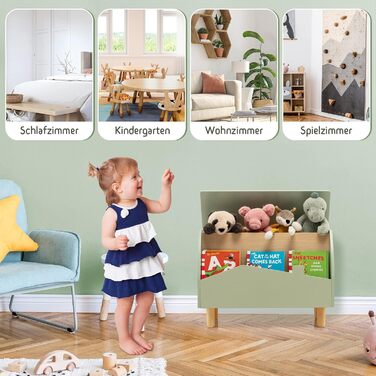 COSTWAY Скринька для іграшок з полицями, дерев'яна іграшковий ящик з кришкою, комод для іграшок, органайзер для дитячої кімнати, 60x30x44 см (Білий, Зелений)