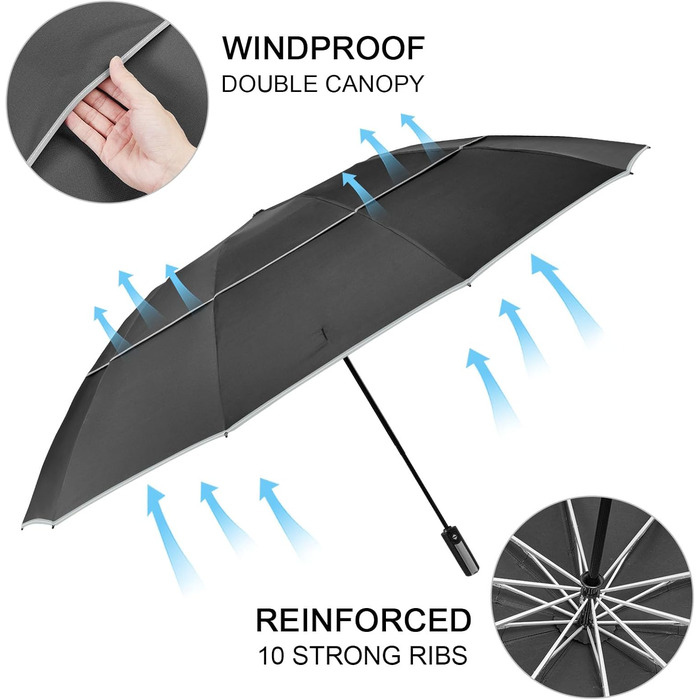 Дюймова велика складна парасолька та парасолька для гольфу, подвійний навіс, вітрозахисний, автоматичний, чорний, 4Free 62-