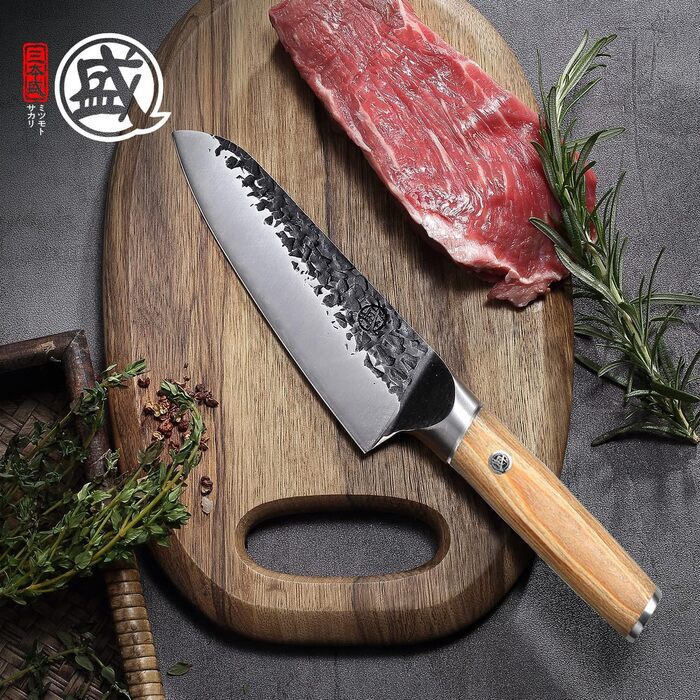Японський ніж Santoku Mitsumoto Sakari 17 см, ручне ковальство, професійний, з пакавудовою ручкою, оригінальний колір дерева