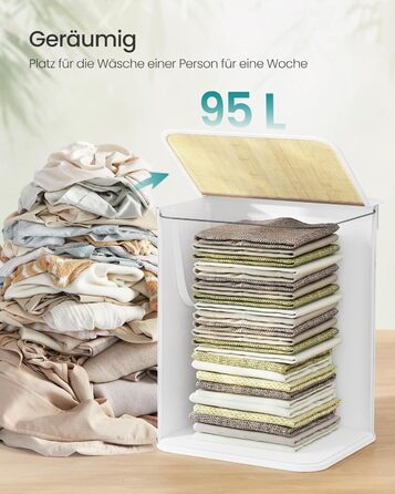 SONGMICS Кошик для білизни 95 л з кришкою, бамбук, з ручками, складний, знімний мішок для прання, для пральні, LCB060Y01 (95 л)
