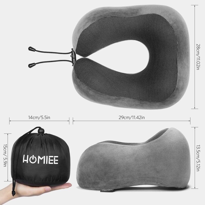 Подушка для шиї Homiee для подорожей: ортопедична, з memory foam, для автомобіля, літака, офісу (сіра)