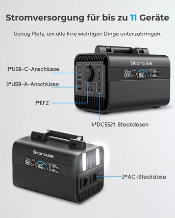 Портативна електростанція STORCUBE 300 Вт, сонячний генератор 294,4 Вт-год/92000 мАг з LiFeP04 з 2 виходами змінного струму, швидкою зарядкою PD 100 Вт, 11 виходами, мобільним накопичувачем енергії для кемпінгу на відкритому повітрі