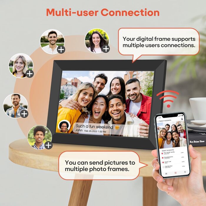 Цифровий фоторамка Frameo 10.1 дюйма WiFi, IPS сенсорний екран, 32GB, автоматичне обертання, для стін, миттєва відправка фотографій