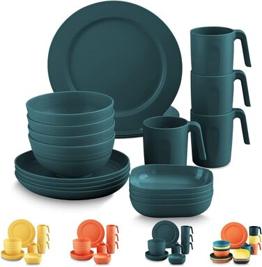 Набір посуду Kyraton з 20 предметів: тарілки, чашки, миски. Неймовірно міцний, легкий, для кемпінгу. Безпечний для миття в посудомийній машині. Підходить для 4 осіб (темно-зелений)