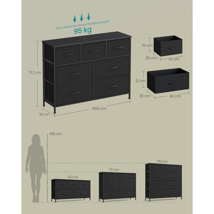 SONGMICS Комод зі 7 висувними ящиками, шафа для зберігання, сталь, MDF, флізелін, для спальні, прихожої, вітальні, білий (LGS323WH01)