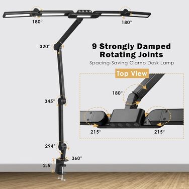Настільна лампа LED з регулюванням яскравості, 24 Вт затискна, захист очей, денне світло, офіс/читачі/архітектори, чорний
