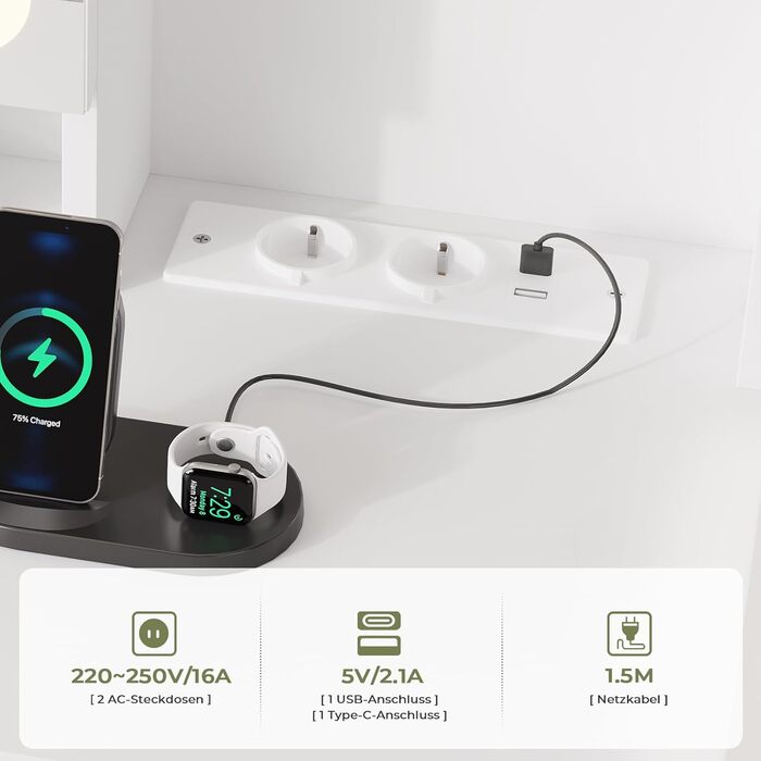 Великий туалетний столик AOGLLATI з LED-підсвічуванням та розетками, дзеркалом. Сучасний столик для макіяжу з 8 відкритими полицями, 6 гачками, 3 висувними ящиками та 2 шафками, білий