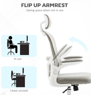 Офісне крісло Vinsetto з високою спинкою, сітчаста тканина, комп'ютерне крісло з обертовою підголівником, 4D поперекова підтримка, відкидні підлокітники, регульована висота, Білий (Сірий)