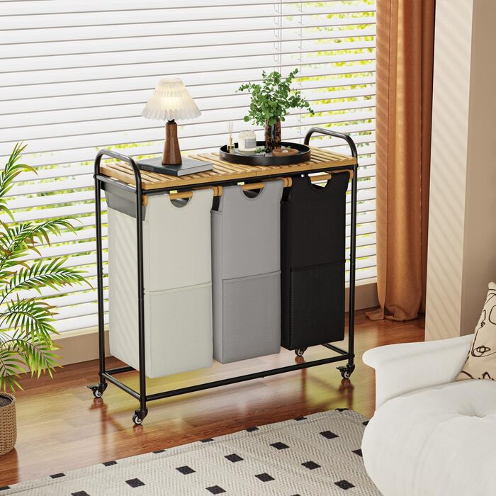 Кошики для білизни з сортуванням 3x40л, з висувними кишенями та роликами (Чорний/Білий)