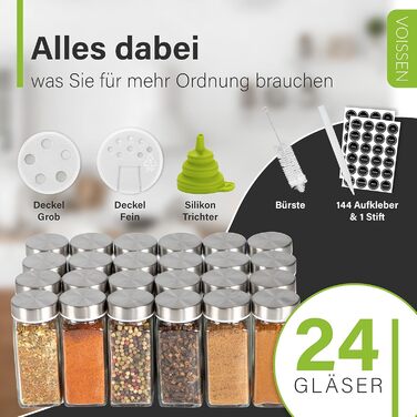 Набір банок для спецій VOISSEN 24 100 мл Баночка Кришка, що загвинчується, нержавіюча сталь Насадки для розбризкування з етикетками