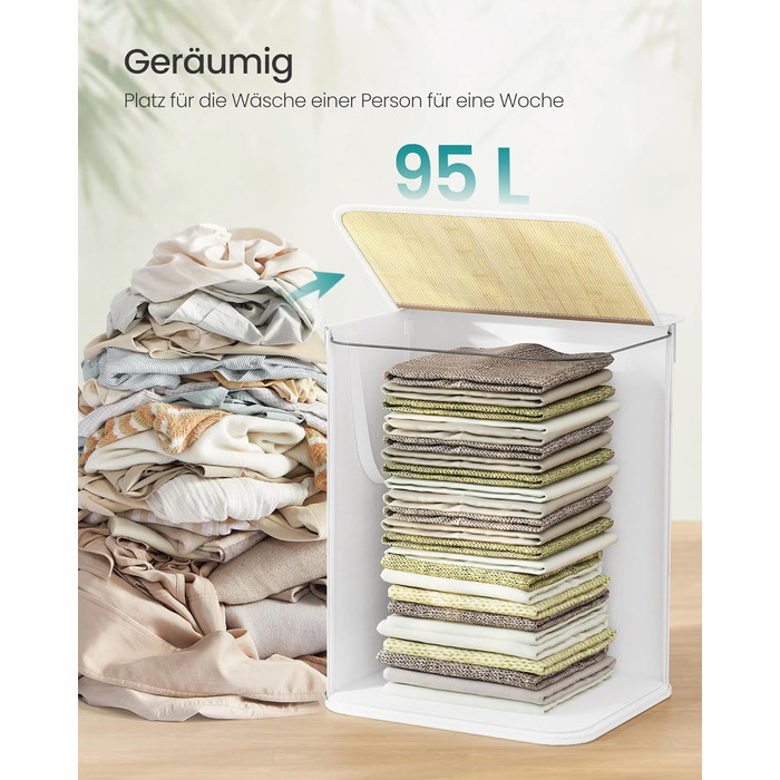 SONGMICS Кошик для білизни 95 л з кришкою, бамбук, з ручками, складний, знімний мішок для прання, для пральні, LCB060Y01 (95 л)