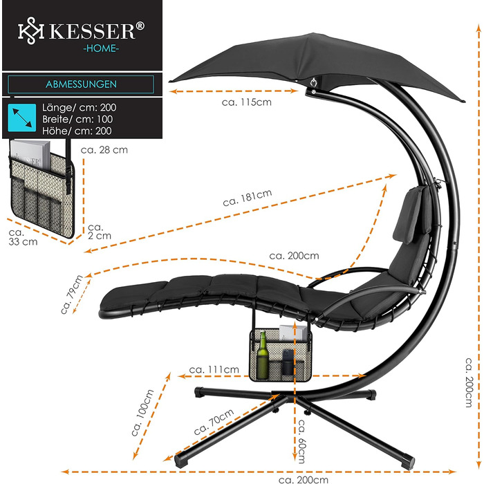 Кесер® Плетене крісло-гойдалка з сонцезахисним козирком, 194x100 см, до 120 кг, з подушкою для шиї та сумкою, антрацит