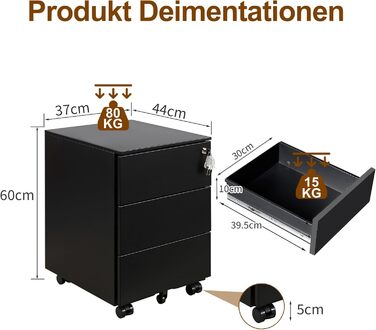 Роликовий контейнер HOMSTEEL з замком, 4 шухляди, металевий шафа, готовий до використання, для офісу та дому, білий (3 шухляди (44T x 37B x 60H cm), чорний)