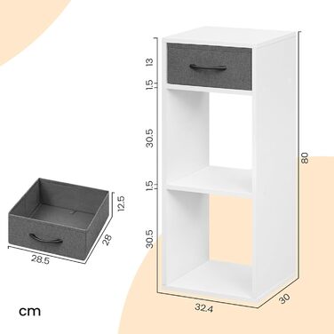 Вільна полиця WOLTU з 3 ярусами, біла, 32.4x80x30 см, з висувною шухлядою та 2 кубиками для зберігання