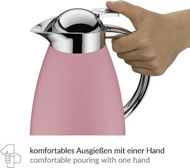 Термос Alfi SIGNO 1.0л, сатиновий сріблястий, з нержавіючої сталі з гігієнічним скляним вкладишем, кришкою з поворотним механізмом та зручною кнопкою, ергономічна ручка, для використання однією рукою, ідеальний для кави та чаю (Romantic Rose Mat)